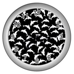 Dolphins Fish Pattern Ocean Sea Fins Aquatic Wall Clock (silver)