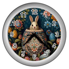 Easter Bunny Rabbit Flowers Easter Happy Easter Wall Clock (silver)