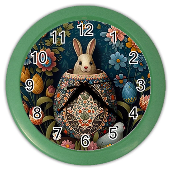 Easter Bunny Rabbit Flowers Easter Happy Easter Color Wall Clock