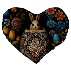 Easter Bunny Rabbit Flowers Easter Happy Easter Large 19  Premium Flano Heart Shape Cushions