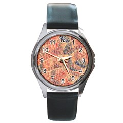 Leaves Pattern Abstract Circles Dots Ornament Round Metal Watch by Jancukart