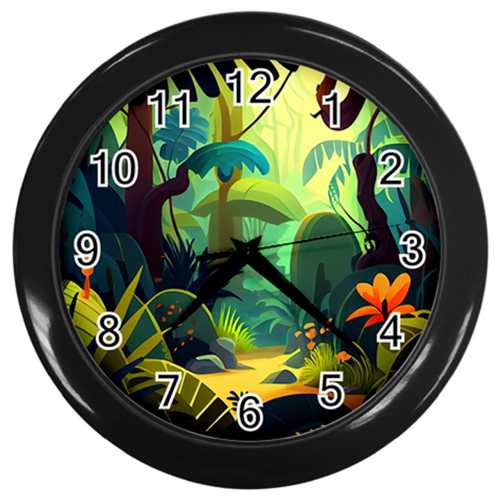 Jungle Rainforest Tropical Forest Jungle Scene Wall Clock (Black)