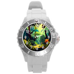 Jungle Rainforest Tropical Forest Jungle Scene Round Plastic Sport Watch (l)