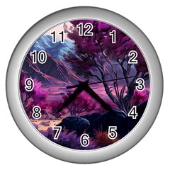 Landscape Landscape Painting Purple Purple Trees Wall Clock (silver)