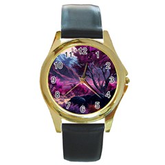 Landscape Landscape Painting Purple Purple Trees Round Gold Metal Watch