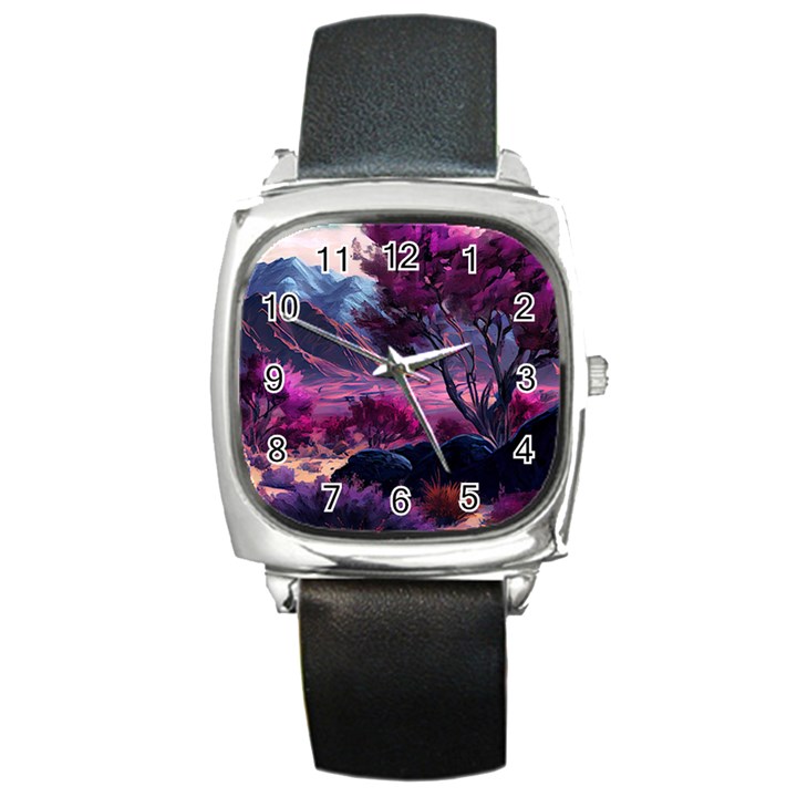 Landscape Landscape Painting Purple Purple Trees Square Metal Watch