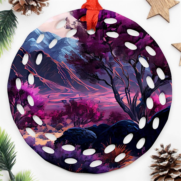 Landscape Landscape Painting Purple Purple Trees Ornament (Round Filigree)