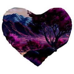 Landscape Landscape Painting Purple Purple Trees Large 19  Premium Heart Shape Cushions