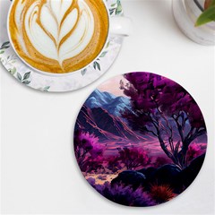 Landscape Landscape Painting Purple Purple Trees Uv Print Round Tile Coaster by Jancukart