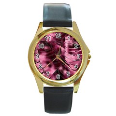 Flower Flora Decoration Pattern Drawing Leaves Round Gold Metal Watch