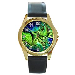 Fractal Art Pattern Abstract Fantasy Digital Round Gold Metal Watch