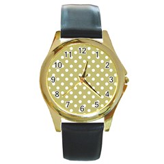 Lime Green Polka Dots Round Gold Metal Watch by GardenOfOphir