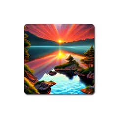 Sunset Over A Lake Square Magnet by GardenOfOphir