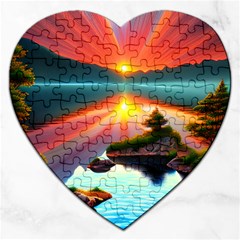 Sunset Over A Lake Jigsaw Puzzle (heart) by GardenOfOphir