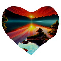 Sunset Over A Lake Large 19  Premium Flano Heart Shape Cushions