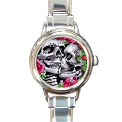 Black Skulls Red Roses Round Italian Charm Watch by GardenOfOphir