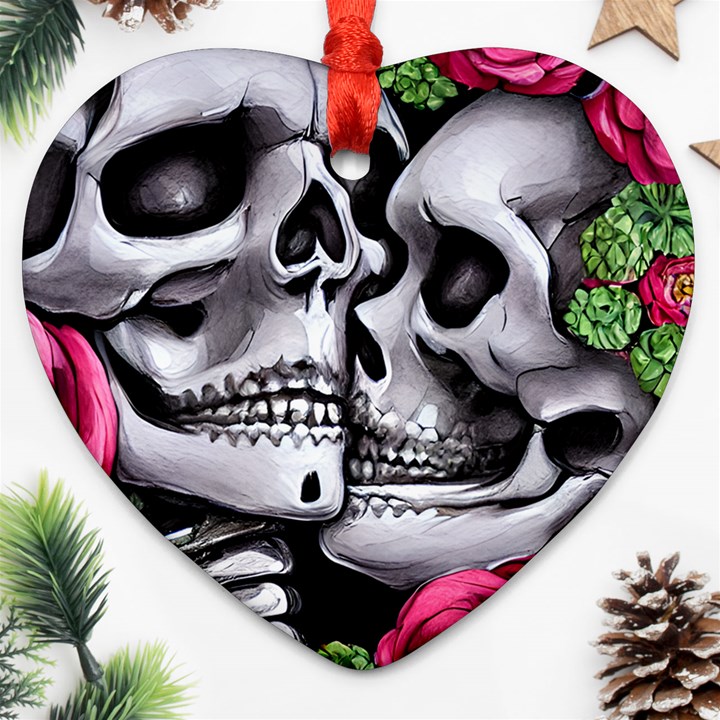 Black Skulls Red Roses Ornament (Heart)