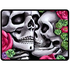 Black Skulls Red Roses One Side Fleece Blanket (large) by GardenOfOphir