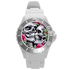 Black Skulls Red Roses Round Plastic Sport Watch (l) by GardenOfOphir