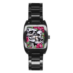 Black Skulls Red Roses Stainless Steel Barrel Watch by GardenOfOphir