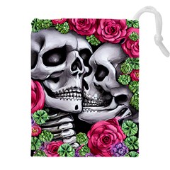 Black Skulls Red Roses Drawstring Pouch (4xl) by GardenOfOphir