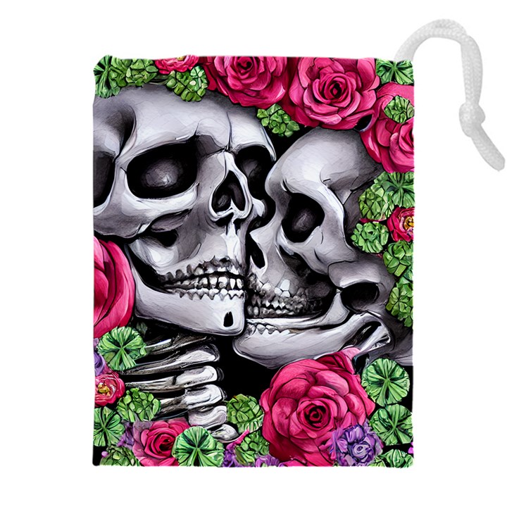 Black Skulls Red Roses Drawstring Pouch (4XL)