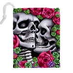 Black Skulls Red Roses Drawstring Pouch (4XL) Back