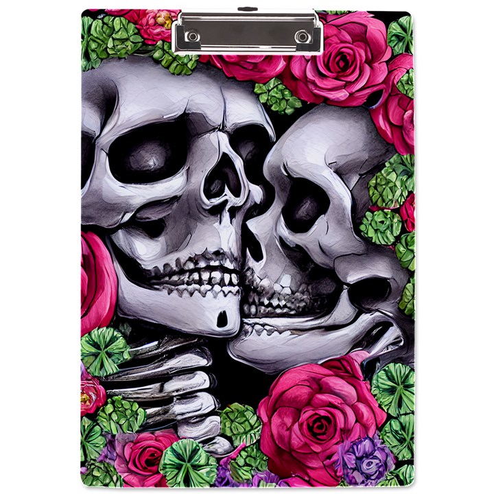 Black Skulls Red Roses A4 Acrylic Clipboard