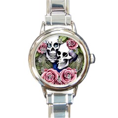 Skulls And Flowers Round Italian Charm Watch by GardenOfOphir