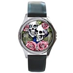 Skulls and Flowers Round Metal Watch Front