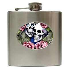 Skulls And Flowers Hip Flask (6 Oz) by GardenOfOphir