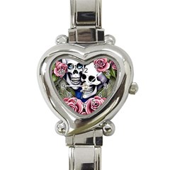 Skulls And Flowers Heart Italian Charm Watch by GardenOfOphir