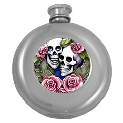 Skulls And Flowers Round Hip Flask (5 Oz) by GardenOfOphir