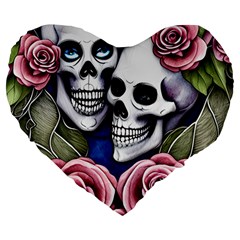 Skulls And Flowers Large 19  Premium Flano Heart Shape Cushions by GardenOfOphir