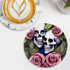 Skulls And Flowers Uv Print Round Tile Coaster by GardenOfOphir