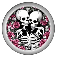 Black And White Rose Sugar Skull Wall Clock (silver) by GardenOfOphir