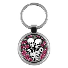 Black And White Rose Sugar Skull Key Chain (round) by GardenOfOphir