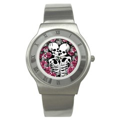 Black And White Rose Sugar Skull Stainless Steel Watch by GardenOfOphir