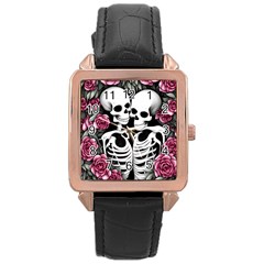 Black And White Rose Sugar Skull Rose Gold Leather Watch  by GardenOfOphir