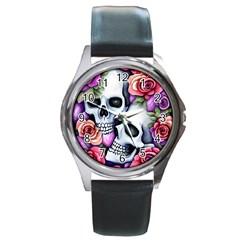 Floral Skeletons Round Metal Watch by GardenOfOphir