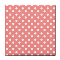 Coral And White Polka Dots Tile Coaster by GardenOfOphir