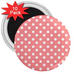 Coral And White Polka Dots 3  Magnets (10 Pack)  by GardenOfOphir