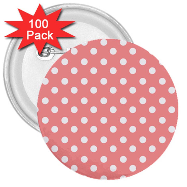 Coral And White Polka Dots 3  Buttons (100 pack) 