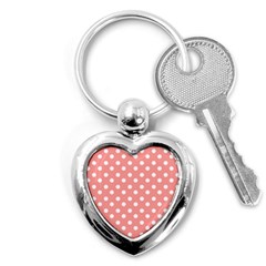 Coral And White Polka Dots Key Chain (heart) by GardenOfOphir