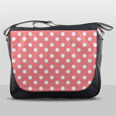 Coral And White Polka Dots Messenger Bag by GardenOfOphir