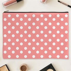 Coral And White Polka Dots Cosmetic Bag (xxxl) by GardenOfOphir