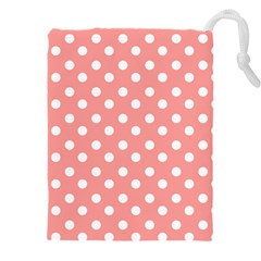 Coral And White Polka Dots Drawstring Pouch (4xl) by GardenOfOphir