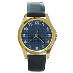 Blue Diamonds Motif Fancy Pattern Design Round Gold Metal Watch by dflcprintsclothing