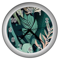 Green Nature Bohemian Painting Leaves Foliage Wall Clock (silver) by Ravend