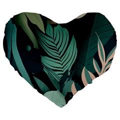 Green Nature Bohemian Painting Leaves Foliage Large 19  Premium Flano Heart Shape Cushions by Ravend